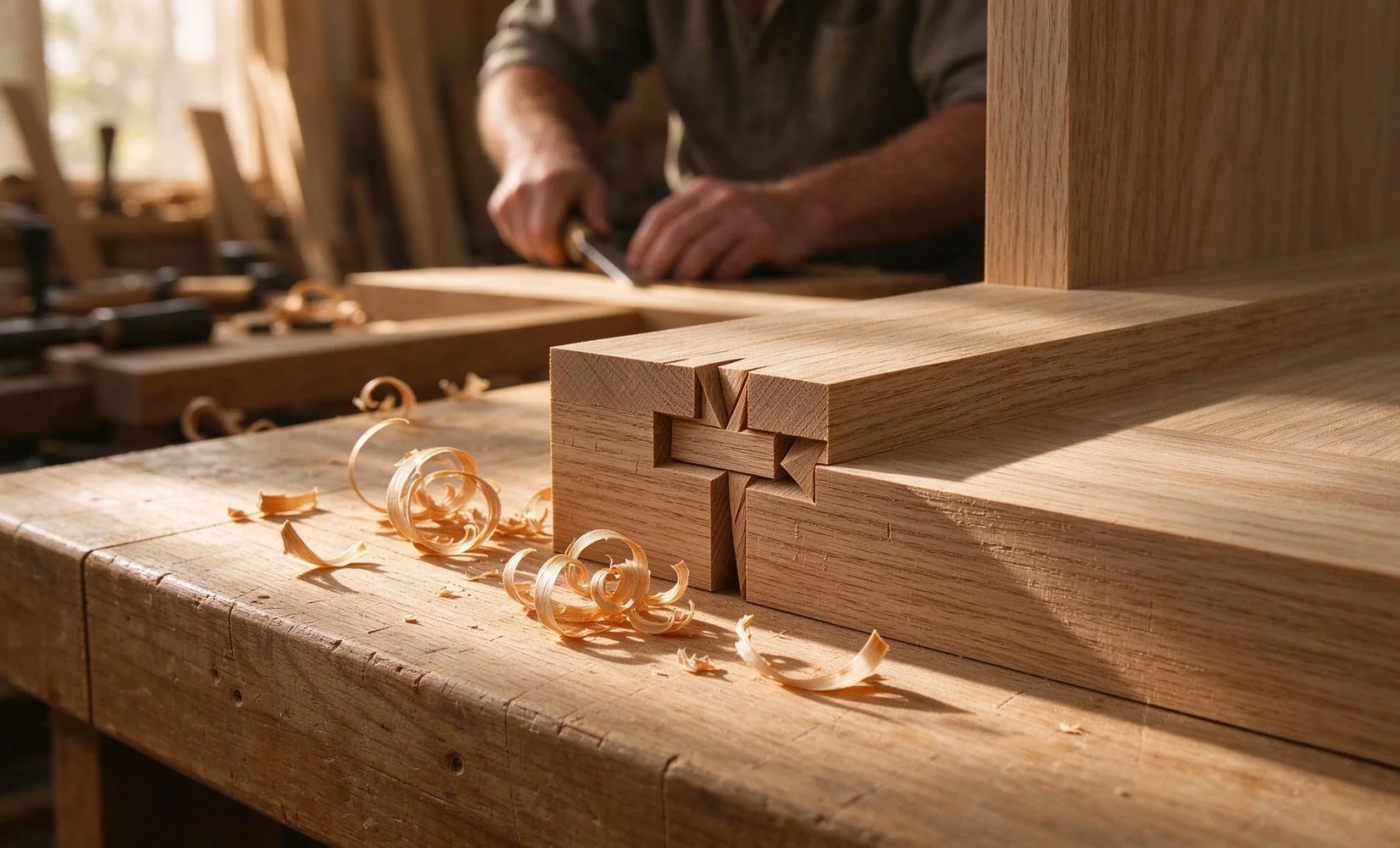 Sorgfältige Holzverbindung auf der Werkbank